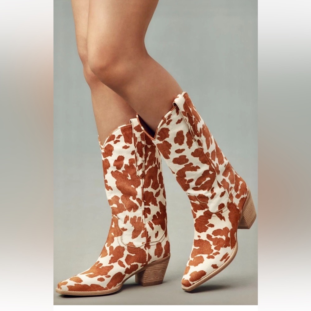Anthropologie Jeffrey Campbell Dagget Western Boot Tan Cow Print Calf Hair - Picture 2 of 5